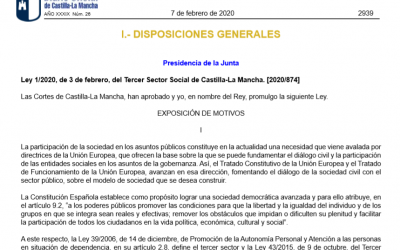 Entra en vigor la Ley del Tercer Sector Social de Castilla-La Mancha, se crea el un Inventario de Entidades Sociales y la Comisión para el Diálogo Civil